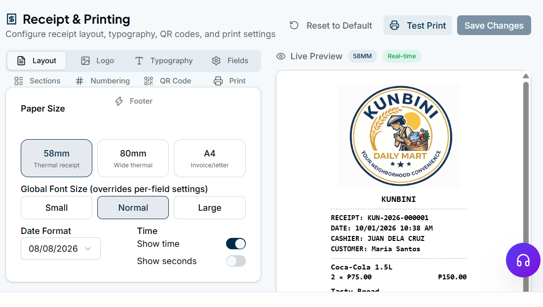 Actual LGE POS Receipt and Printing screen showing paper size settings, nine designer tabs and a KUNBINI receipt preview